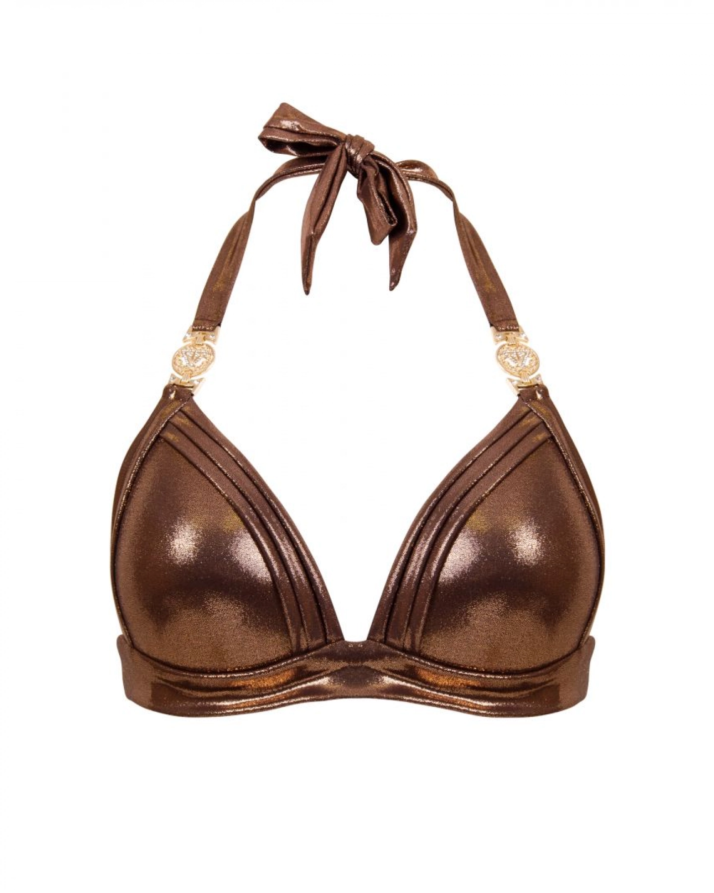Shiny Brown Push Up Triangle Bikini Top With Crystal Chains L