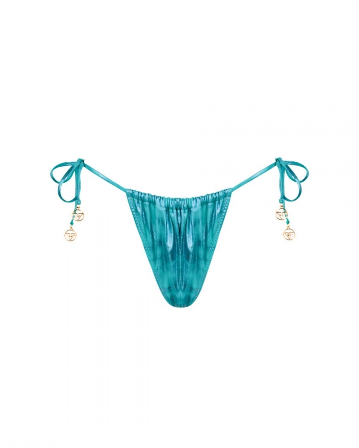 Blue Side Tie Ruched Thong Low Rise Bikini Bottom Xs Vivien Vance