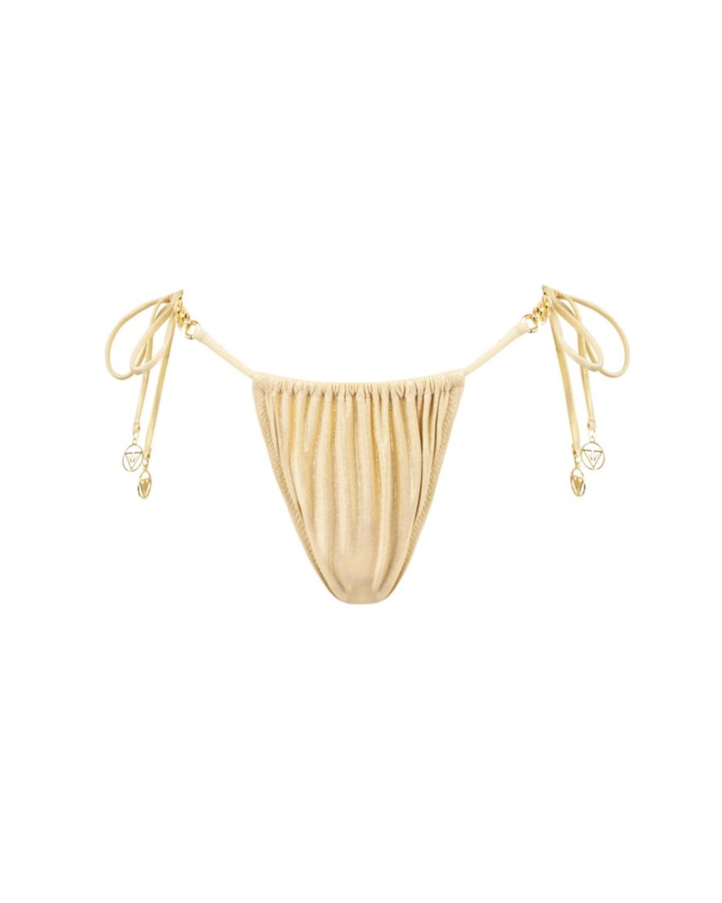 Nude Side Tie Ruched Thong Mid Rise Bikini Bottom With Golden Chains