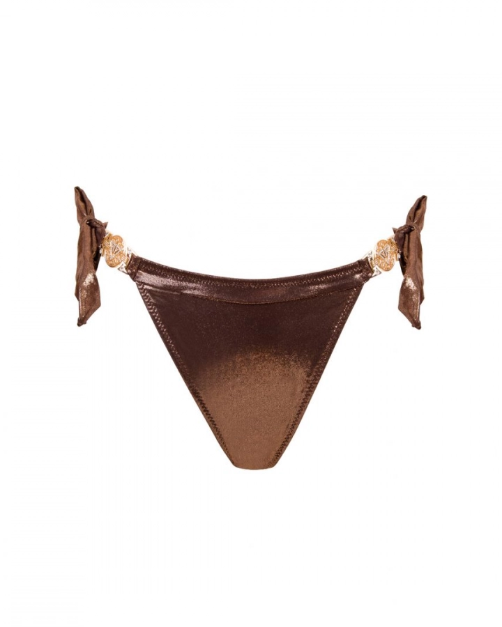 Brown Side Tie Brazil Mid Rise Bikini Bottom With Crystal Chains Xs