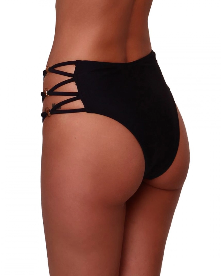 Black Classic High Rise Bikini Bottom With Golden Logo XL Vivien Vance