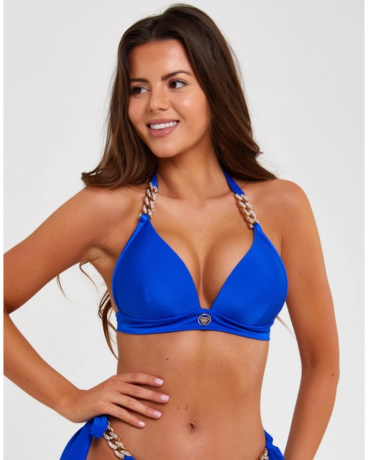 Blue Push Up Triangle Bikini Top With Crystal Chains S Vivien Vance