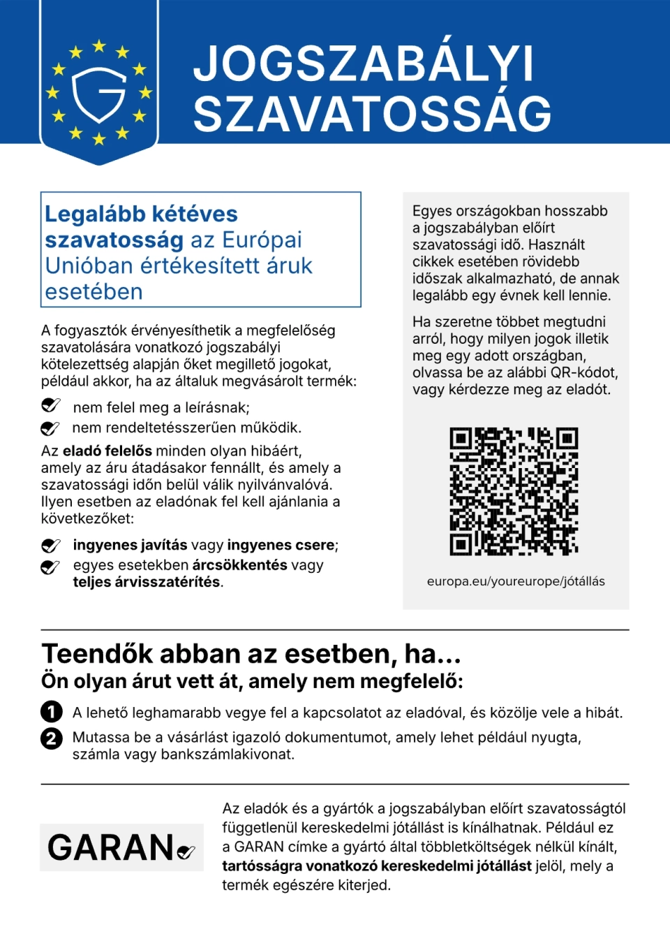 Az Európai Unió értesítése a jogszabályi szavatosságról