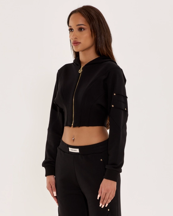 Hoodie court avec fermeture éclair et logo brodé