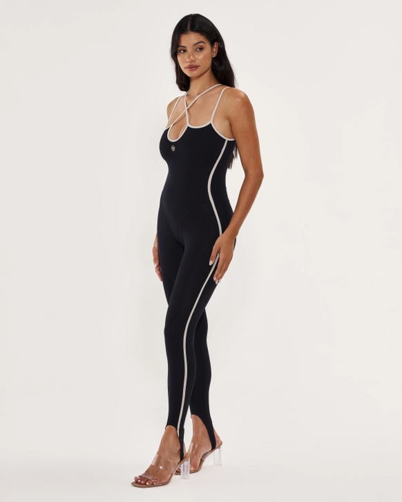 Elegant Women’s Jumpsuit – Gold Straps & Leg Stripe