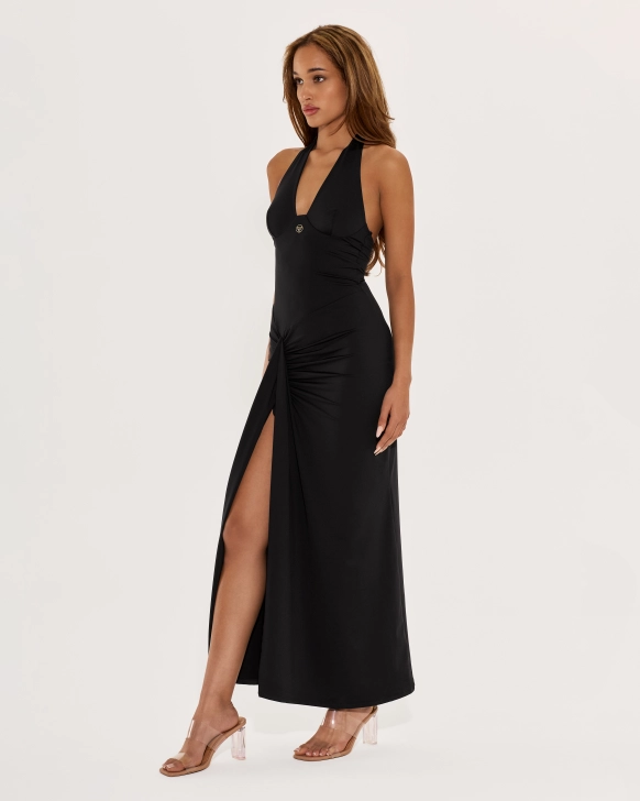 Rochie Elegantă Maxi Cu Guler Halter Și Spate Gol