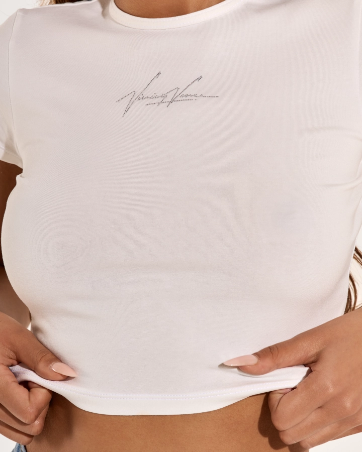 Kurzes Baumwolltop mit Strass-Logo