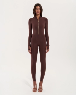 Jumpsuit with Gold Front Zip – Mocha – 1. kép