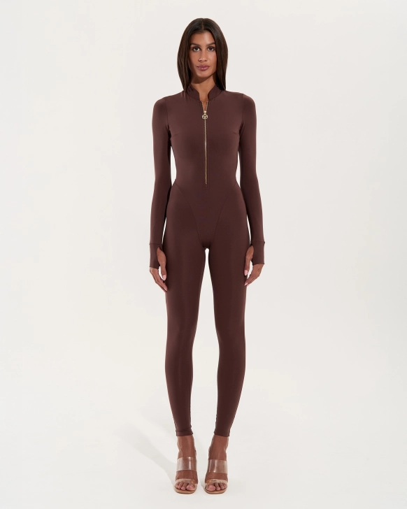 Zip-Front Jumpsuit with Long Sleeves – Mocha