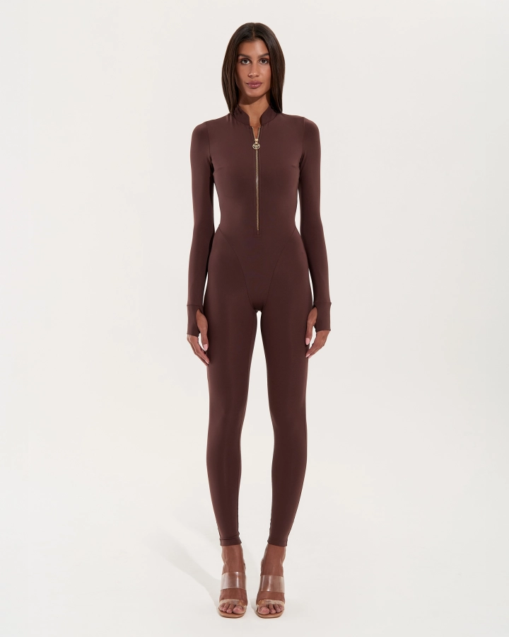 Jumpsuit with Gold Front Zip – Mocha – 1. kép