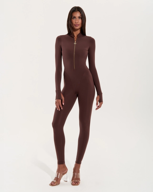 Zip-Front Jumpsuit with Long Sleeves – Mocha