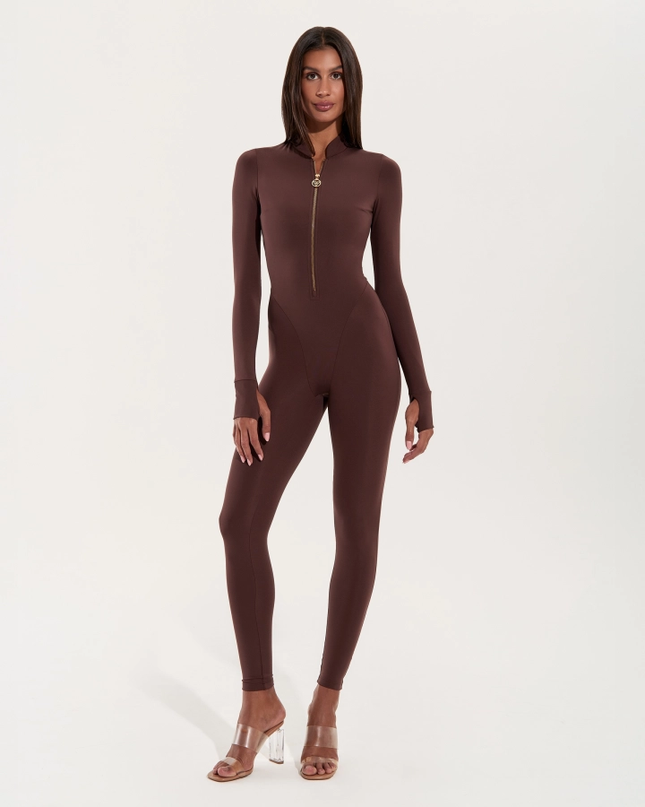 Jumpsuit with Gold Front Zip – Mocha – 3. kép