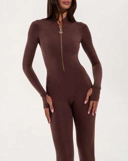 Jumpsuit with Gold Front Zip – Mocha – 2. kép