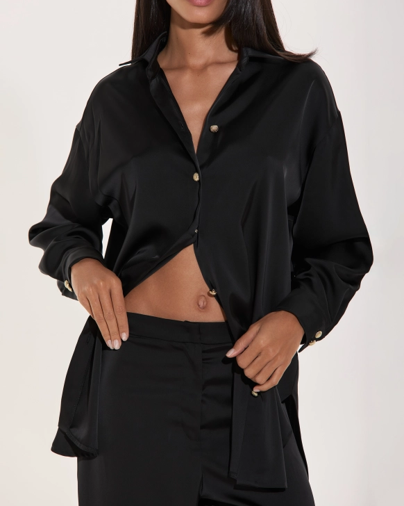 Satin Oversize Button-Up Shirt With Gold Details