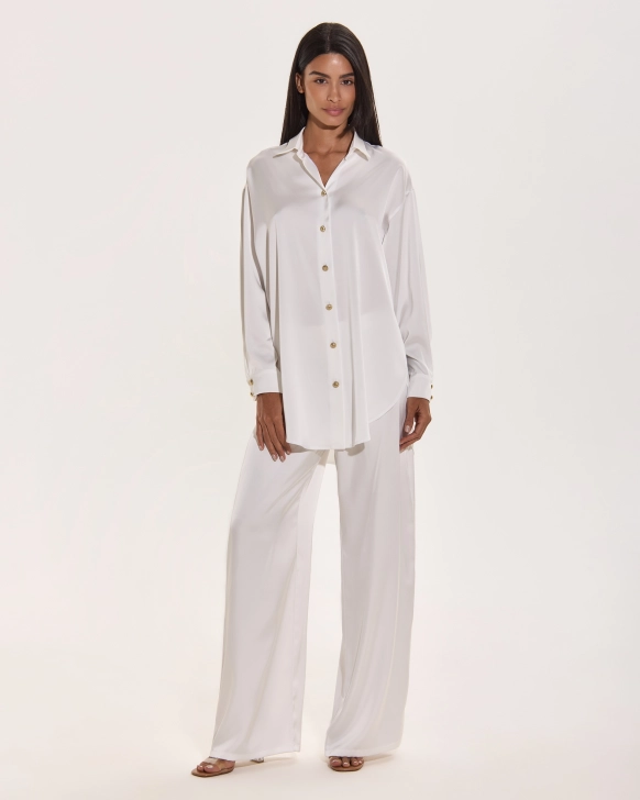 Satin Oversize Button-Up Shirt With Gold Details