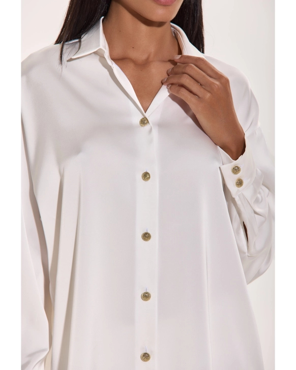 Satin Oversize Button-Up Shirt With Gold Details