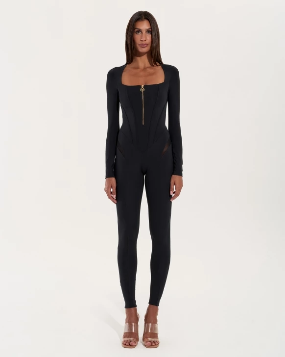 Zip-Jumpsuit mit transparenten Einsätzen – BLACK