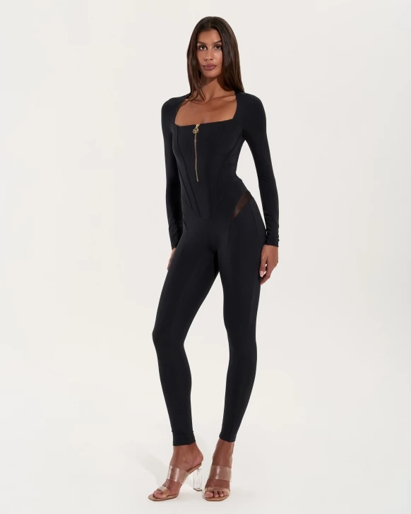 Zip-Jumpsuit mit transparenten Einsätzen – BLACK