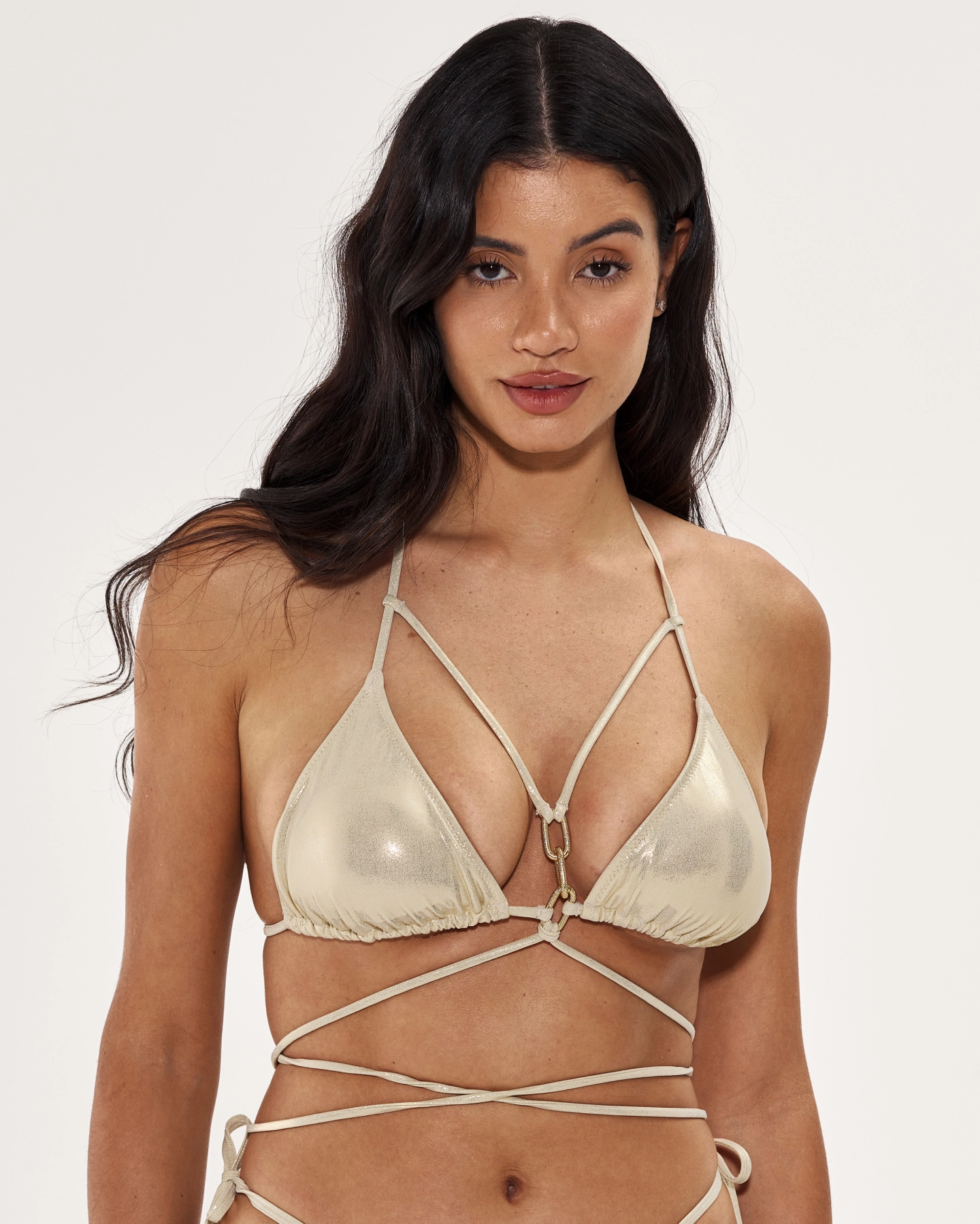 Nude Lux metallic triangle bikini with removable pads and chain | Vivien  Vance - S