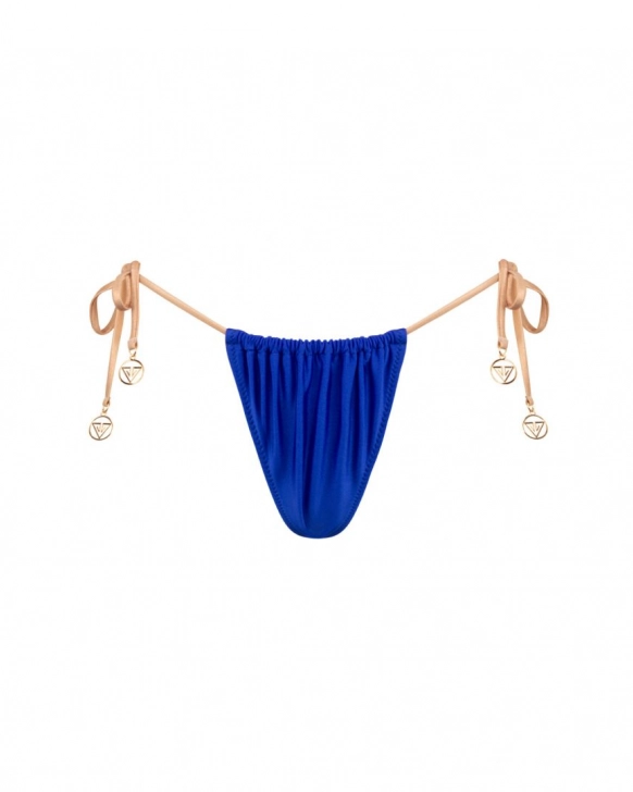 Side-tie ruched thong low-rise bikini bottom