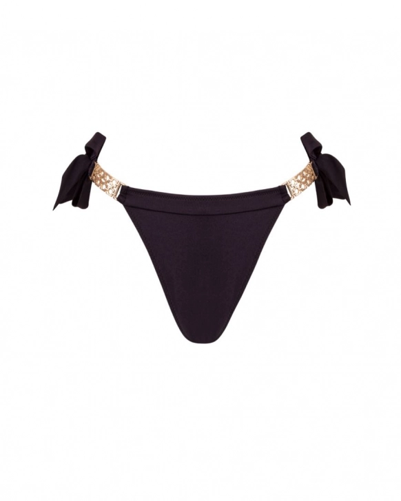 Adjustable tanga bikini with mid-rise waist and gold accessories