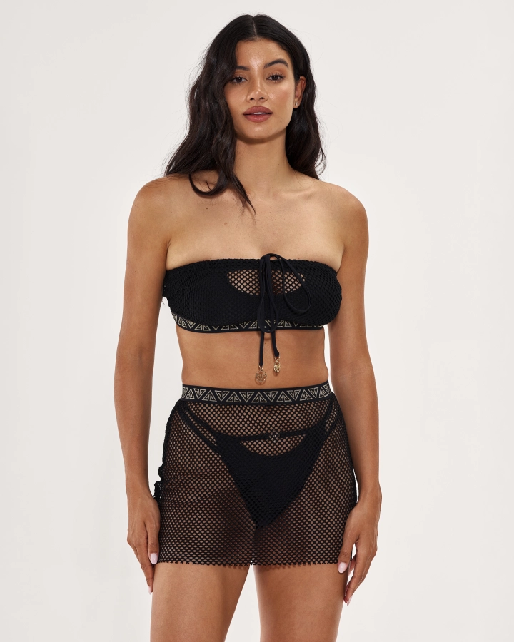Top de plajă bandeau din plasă cu șnur și elastic decorativ