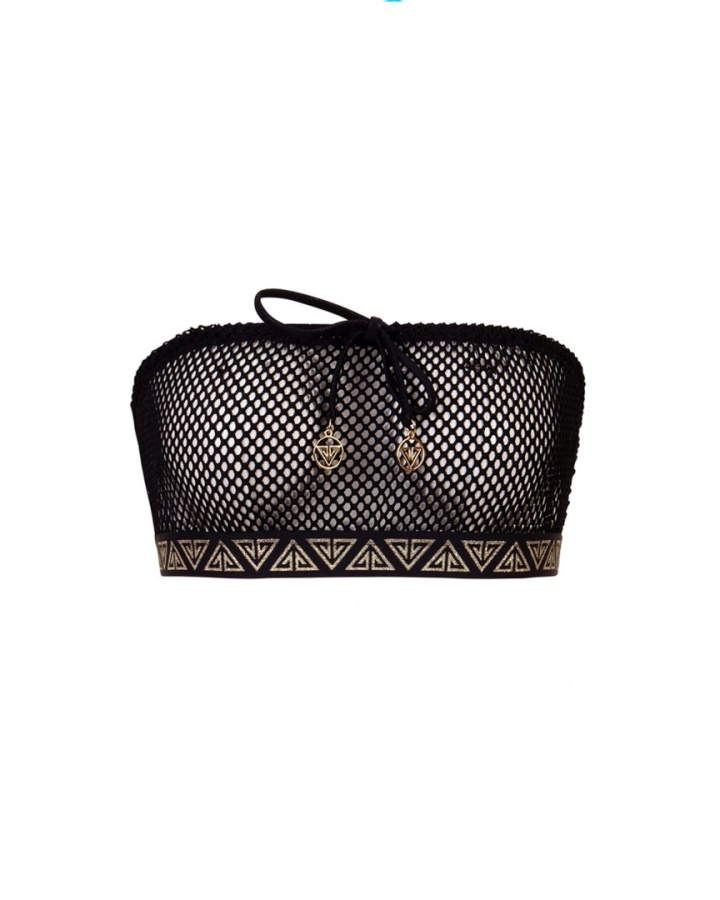 Top de plajă bandeau din plasă cu șnur și elastic decorativ