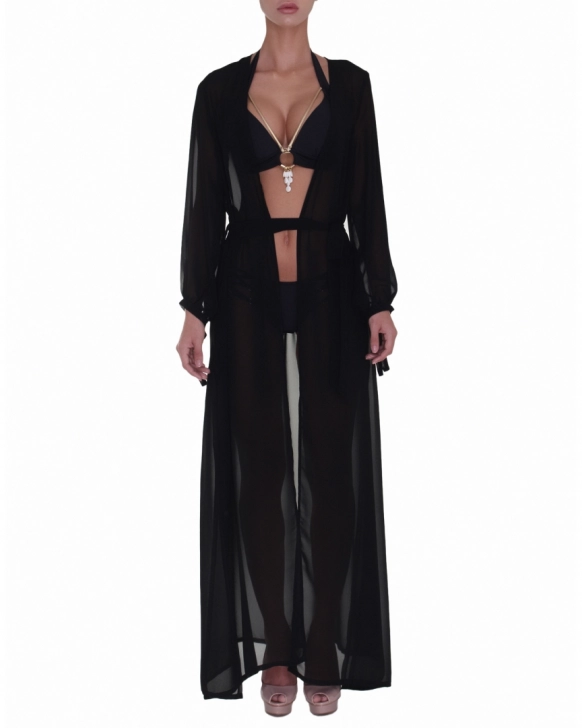 Long beach robe with exotic red print