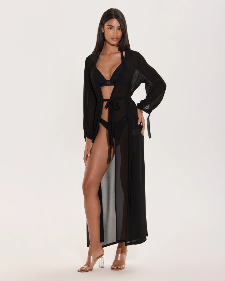 Langer Strandkimono mit rotem Muster – elegant & luftig