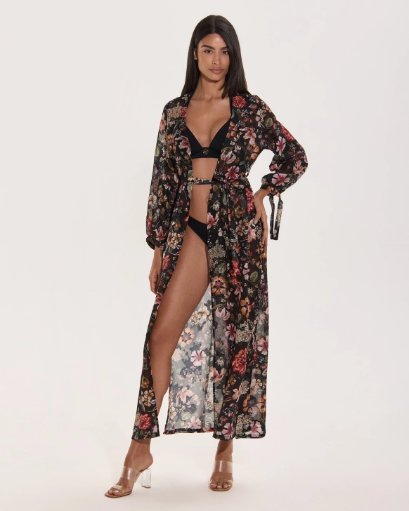 Dlouhý plážový kimono župan s exotickým červeným vzorem