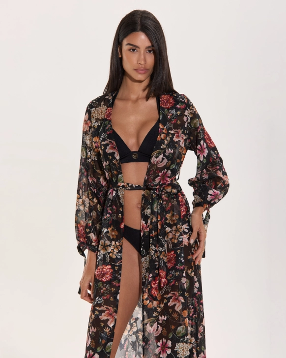 Dlouhý plážový kimono župan s exotickým červeným vzorem