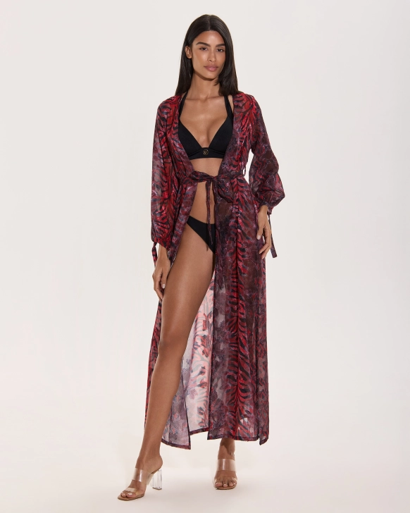 Dlhý plážový kimono župan s exotickou červenou potlačou