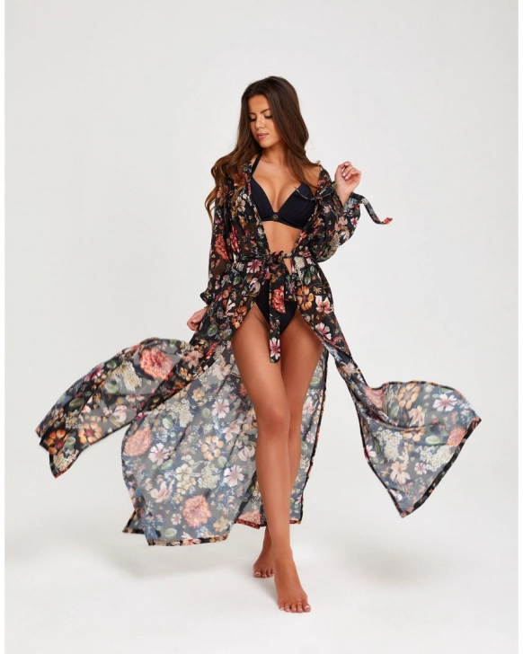 Kimono lungo da spiaggia con stampa rossa esotica