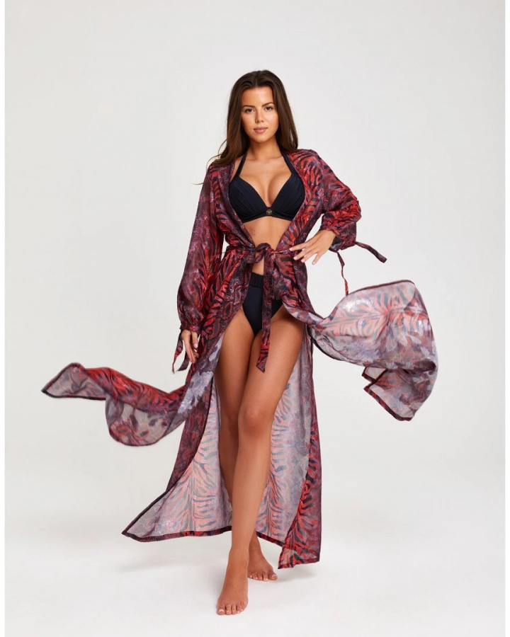 Dlhý plážový kimono župan s exotickou červenou potlačou