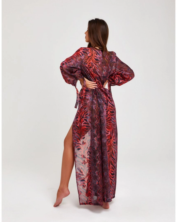 Dlhý plážový kimono župan s exotickou červenou potlačou