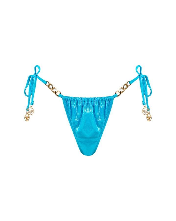 Adjustable tanga bikini bottom with mid-rise waist and side chain