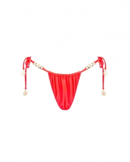 Adjustable tanga bikini bottom with mid-rise waist and decorative chain