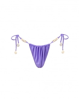 Adjustable tanga bikini bottom with mid-rise waist and decorative chain