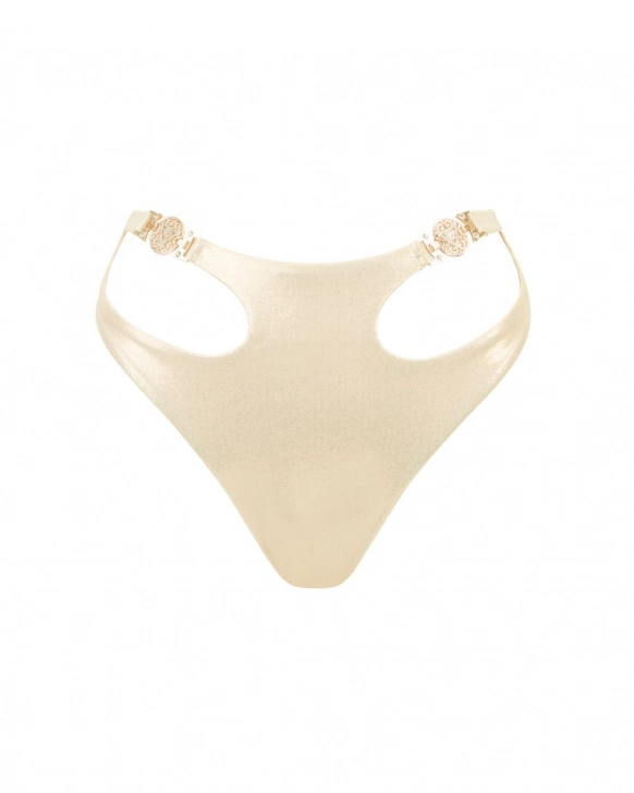 Tanga-Bikini mit hohem Bund und goldenen Zieraccessoires