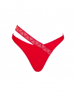 Asymmetrical thong low-rise bikini bottom with branded strap