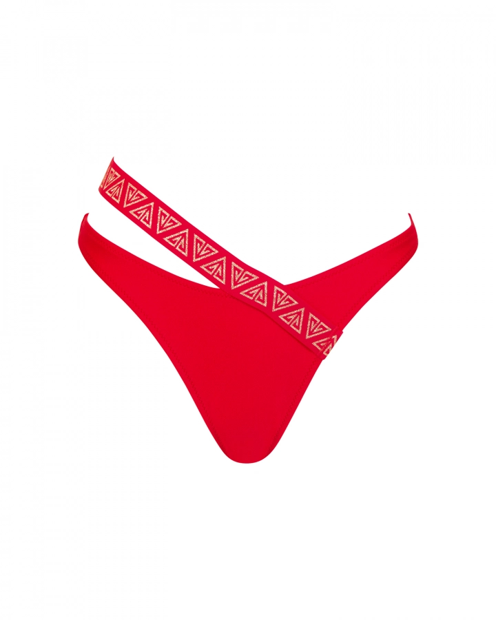Asymmetrical thong low-rise bikini bottom with branded strap