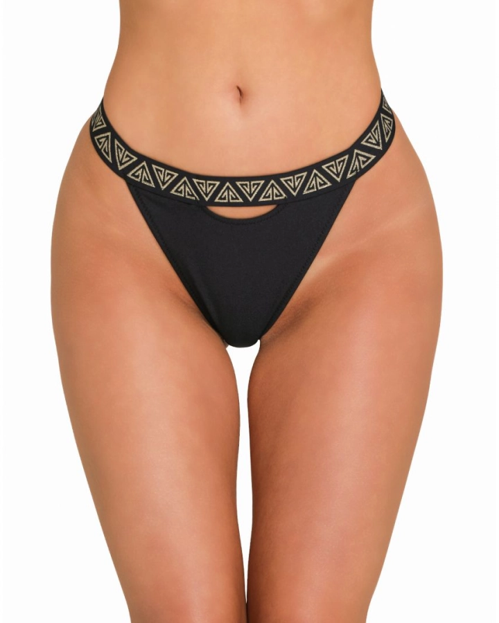 ”U” cut-out thong mid-rise bikini bottom with branded strap