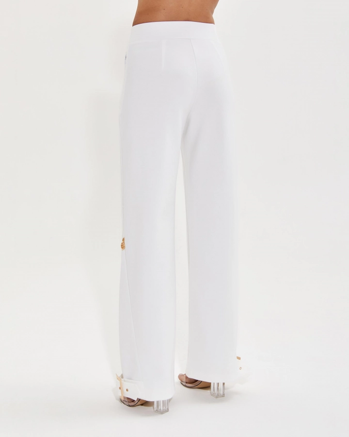 Wide-leg designer pants with zipper and decorative buckles