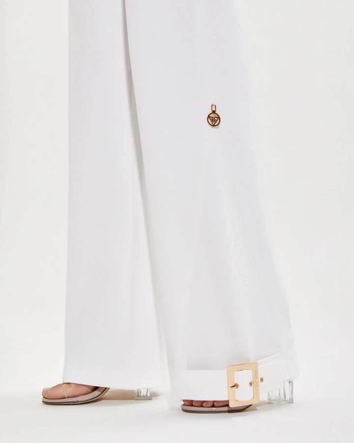 Wide-leg designer pants with zipper and decorative buckles