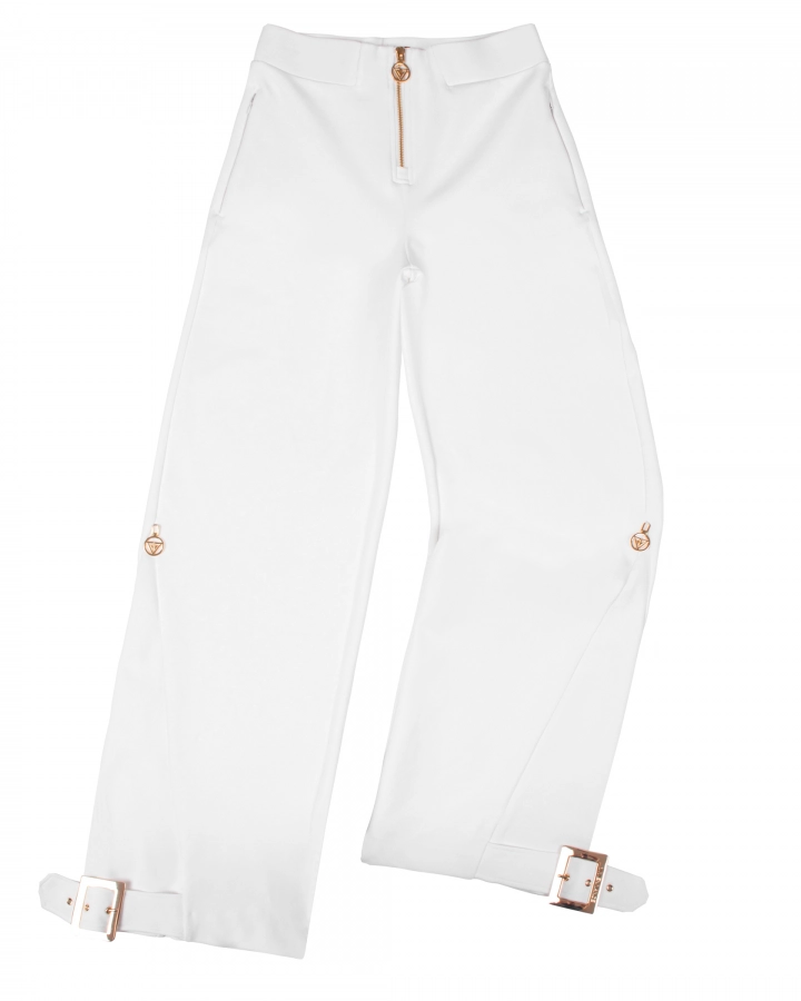 Wide-leg designer pants with zipper and decorative buckles