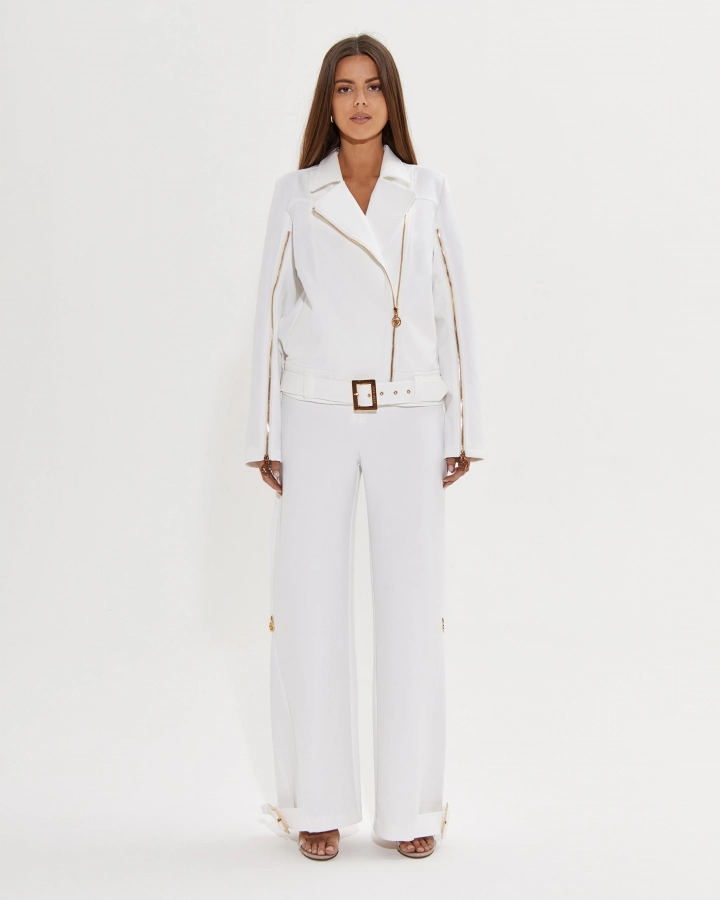 Weit geschnittene Designerhose mit Reißverschluss und Schnallen