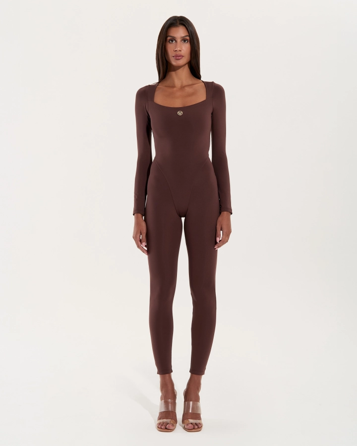 Long Sleeve Gold Logo Jumpsuit – Mocha – 1. kép