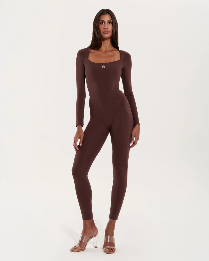 Long Sleeve Gold Logo Jumpsuit – Mocha – 3. kép