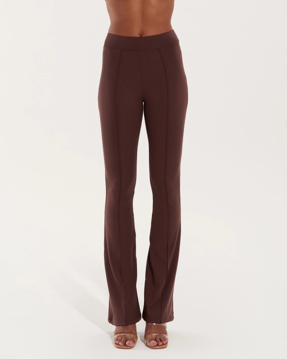 Flared Trousers with Gold Logo – Mocha