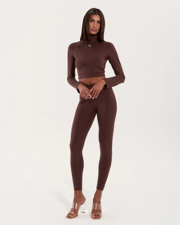 Leggings mit breitem Bund und Goldlogo – Mocha